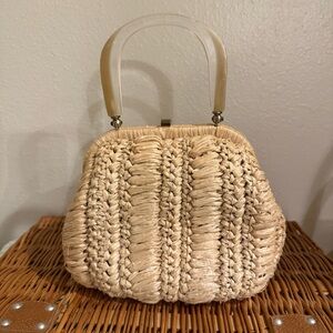 Vtg 50s Gaymode Woven Tan Plastic Raffia Purse Retro Hand Bag Metal Handle Mod